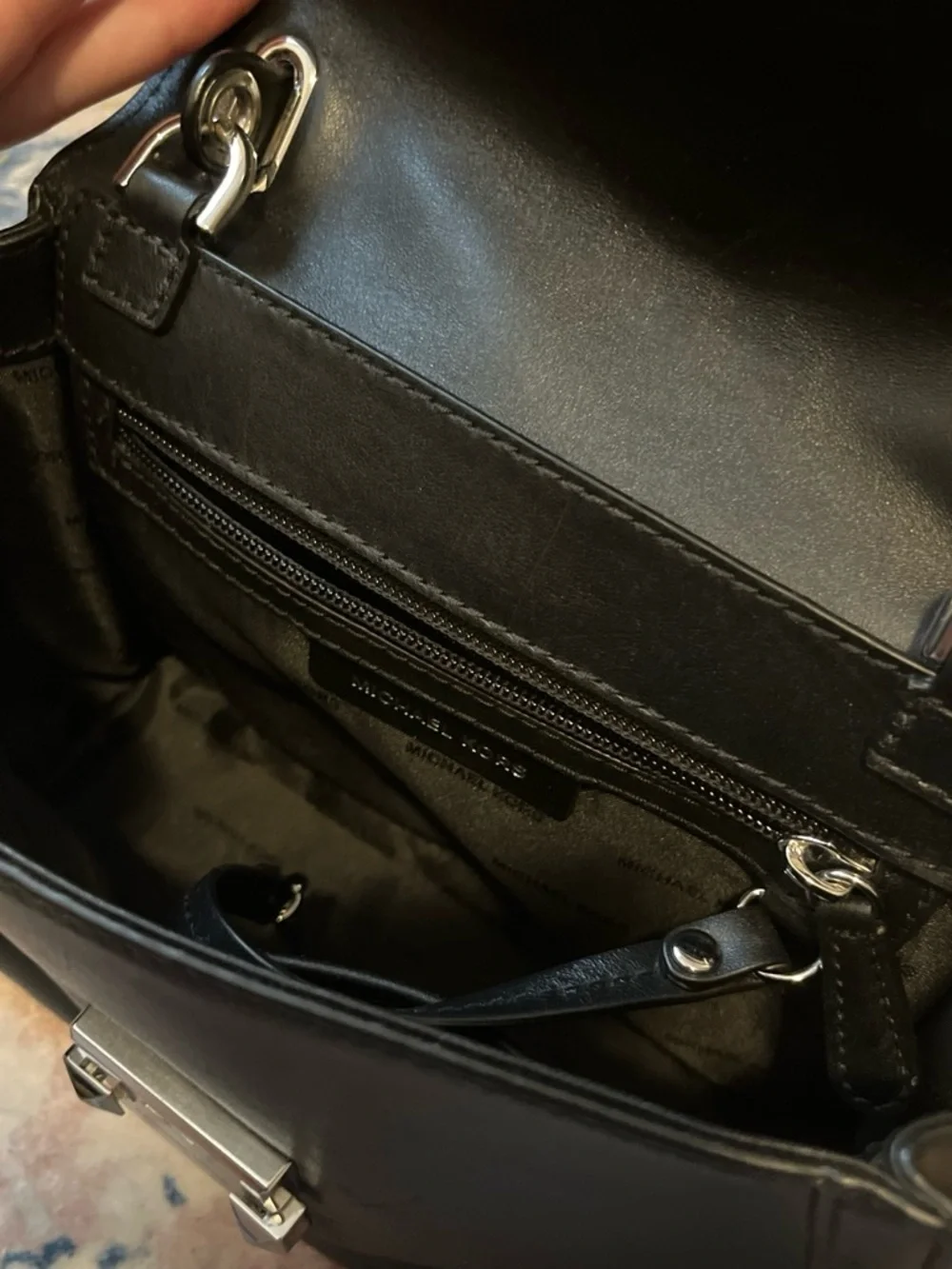 Michael Kors Black Leather Shoulder Bag with Silver-Tone Lock